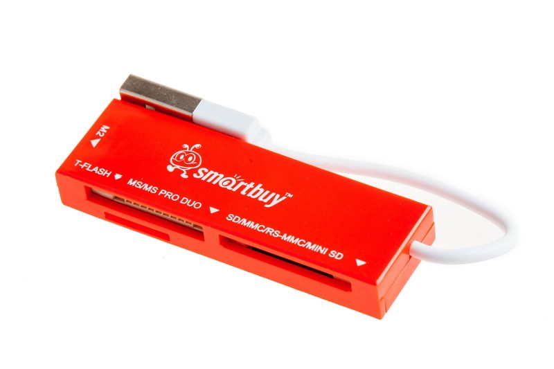 Картридер USB2.0 SD/MicroSD/MMC/M2 Smartbuy красный  