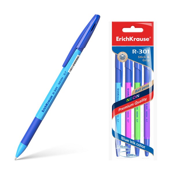 Ручка шар. синяя 0,7мм "R-301 Neon Stick&Grip" 3шт в пакете /24/
